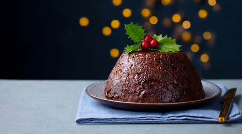 Christmas,pudding,,fruit,cake.,traditional,festive,dessert.,dark,background,with